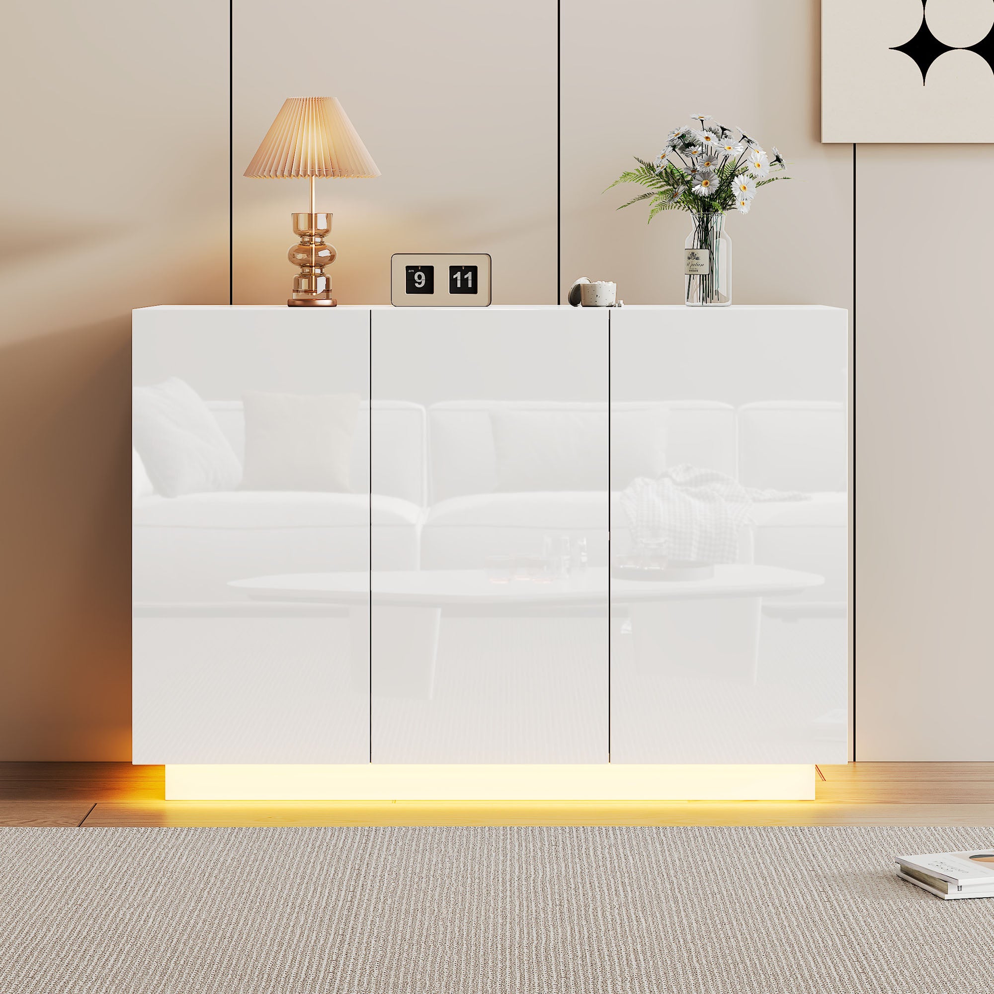 Dining Room Cabinet High Gloss Open And Closed, White Sideboard, Pedestal LED Light, Chest Of Drawers Foyer Cabinet 120x40x75CM