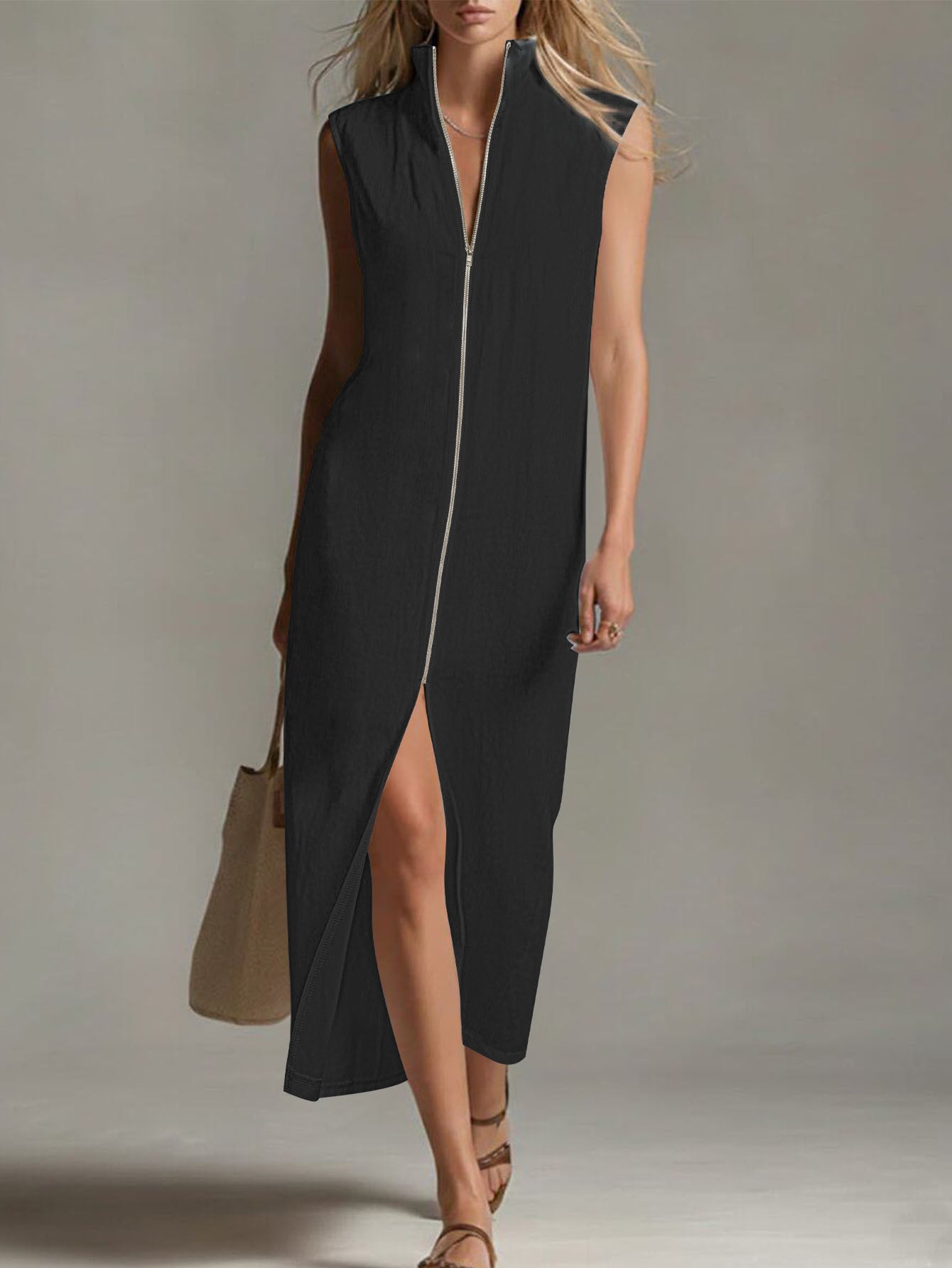Women's Sleeveless Zip Front Maxi Dress Stand Collar Split Hem Casual Long Dress For Summer