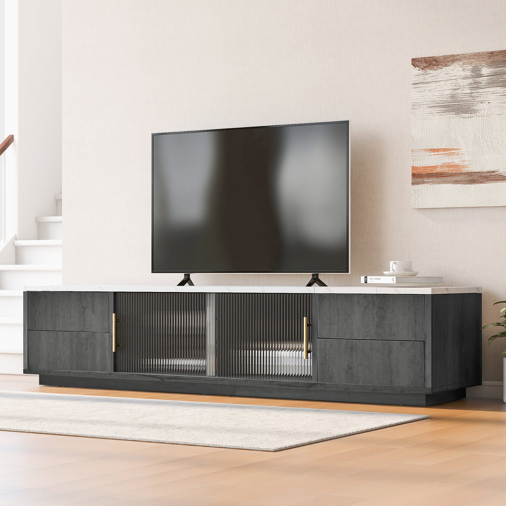 60cm Deluxe TV Stand For 70 TV - Stylish Grey, Marbled Table Top, Cable Management, Drawers With Push-to-Open Funold