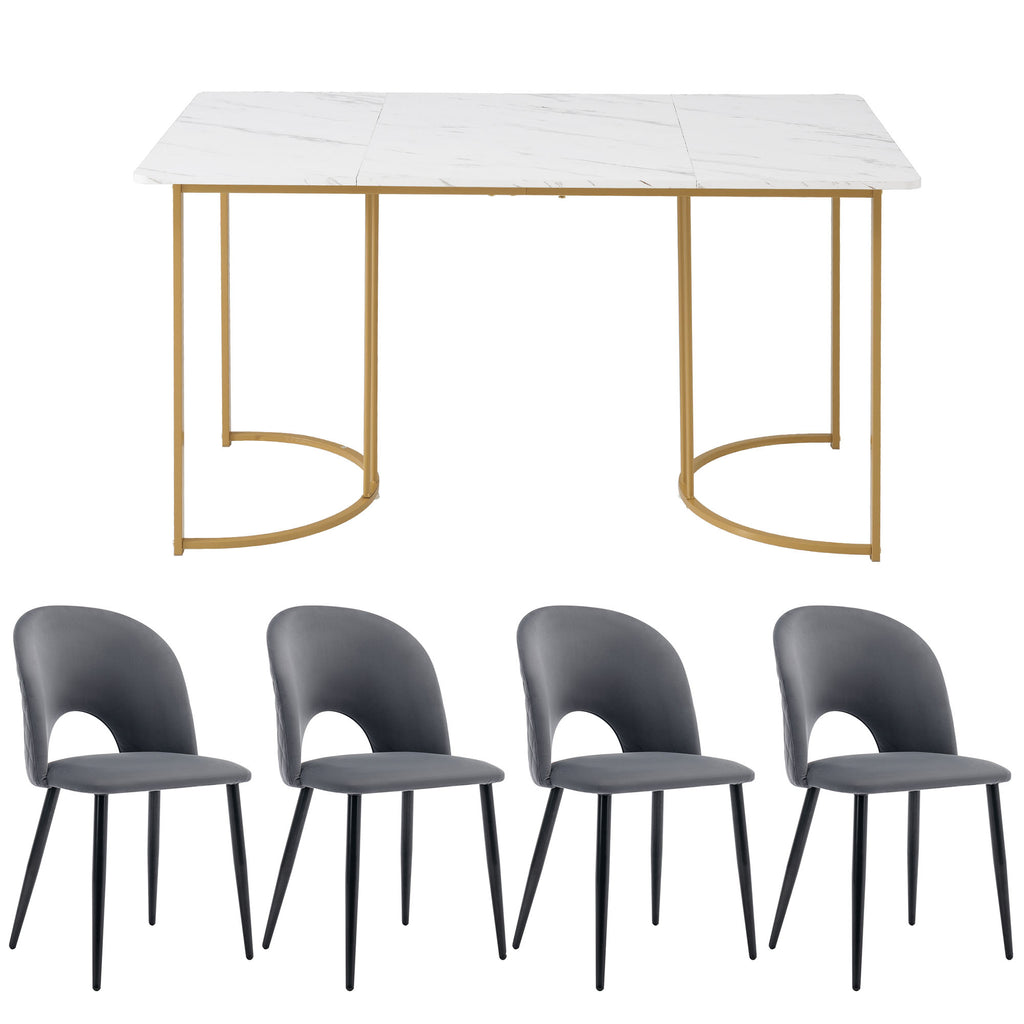 Dining Group,Set,140x80cm Dining Table With 4 Chairs,Modern Kitchen Table Set,Velvet Dining Room Chair With Diamond Pattern,Adjustable Chair Legs,Grey Velvet,MDF Table Top In White,Golden Table Legs