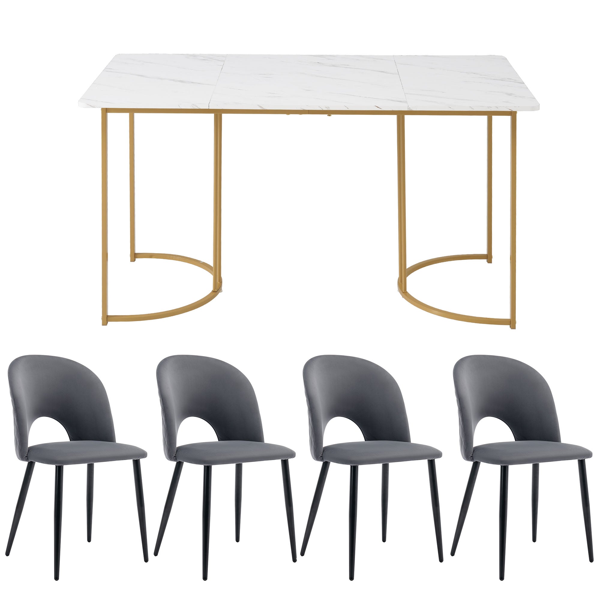 Dining Group,Set,140x80cm Dining Table With 4 Chairs,Modern Kitchen Table Set,Velvet Dining Room Chair With Diamond Pattern,Adjustable Chair Legs,Grey Velvet,MDF Table Top In White,Golden Table Legs