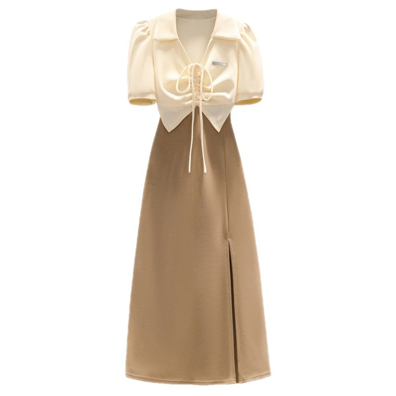 Foreign Style Slim Fitting Short Sleeved Split Dress For Women