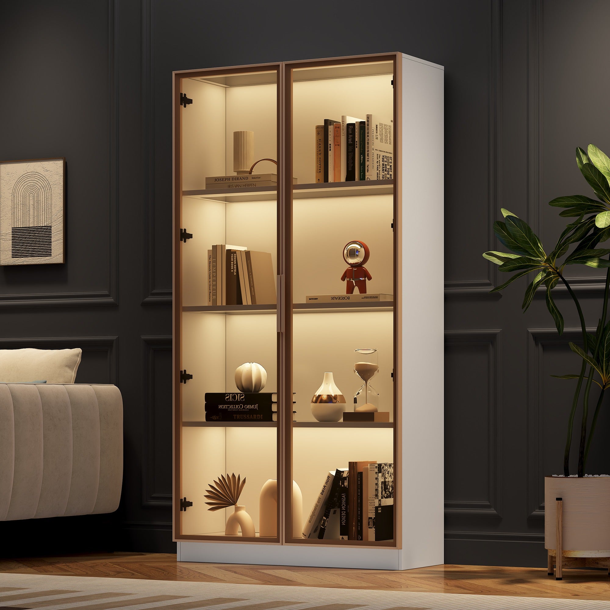 Glass Display Case With LED Lighting, Double Door Display Case With Movable Shelves, 80x40x160cm, Tall Cabinet For Living Room, Stand Display Cabinet, Bathroom Cabinet