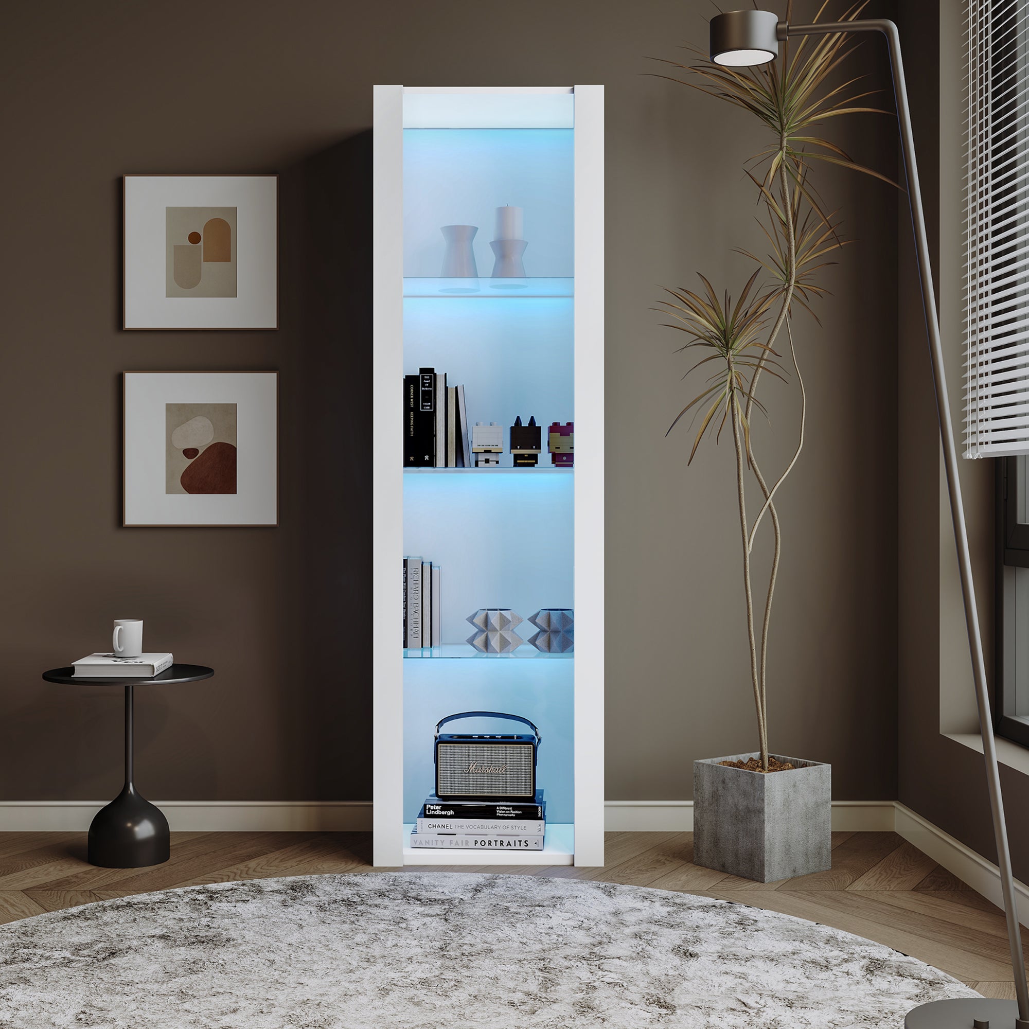 White High Gloss Display Case With LED Lighting, 3 Glass Shelves, 55x38x166 Cm, Display Cabinets, Standing Display Cabinets, Tall Cabinets, Storage Cabinets