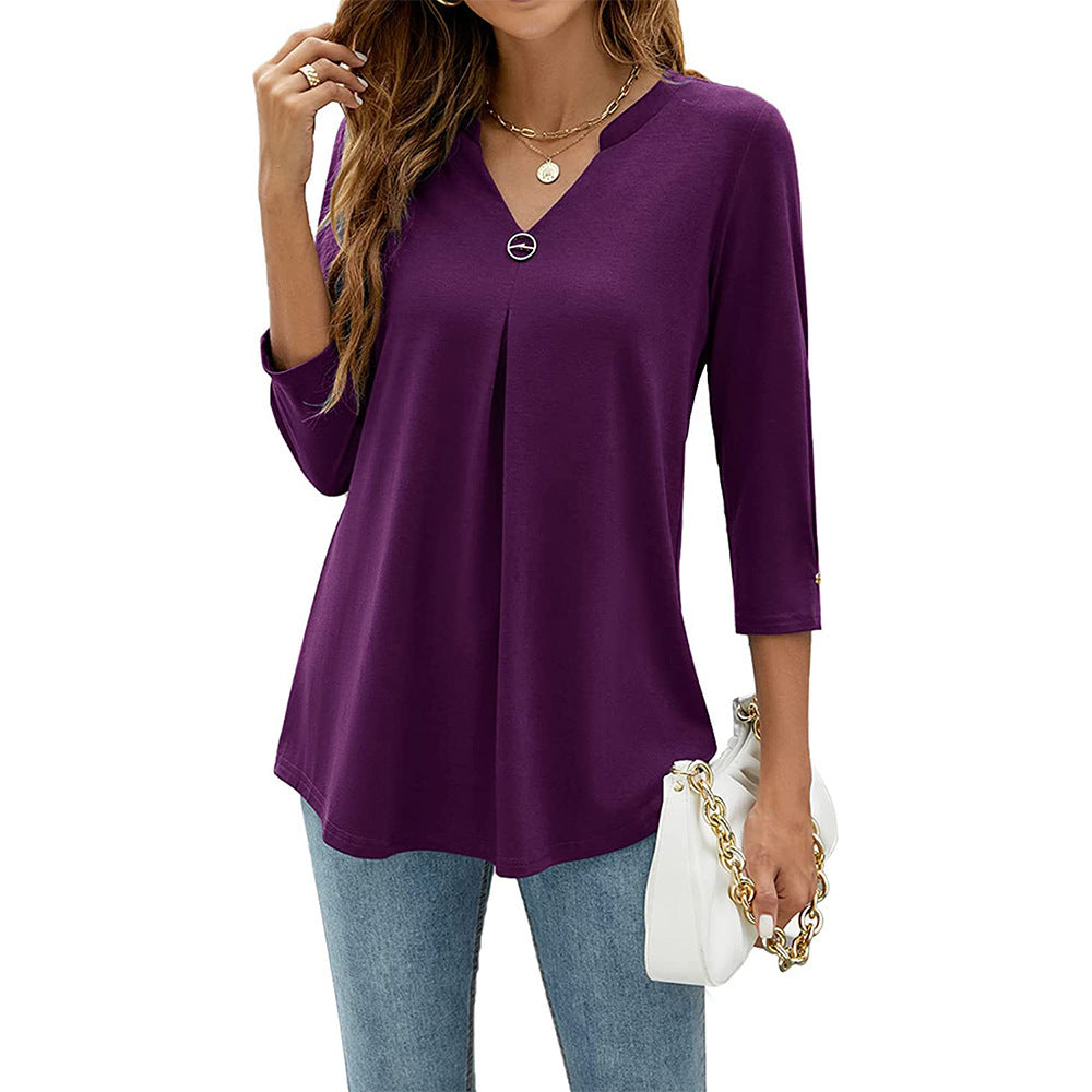 Womens Solid-Color V-Neck Pleated T-Shirt With Three-Quarter Sleeves And Button Accents