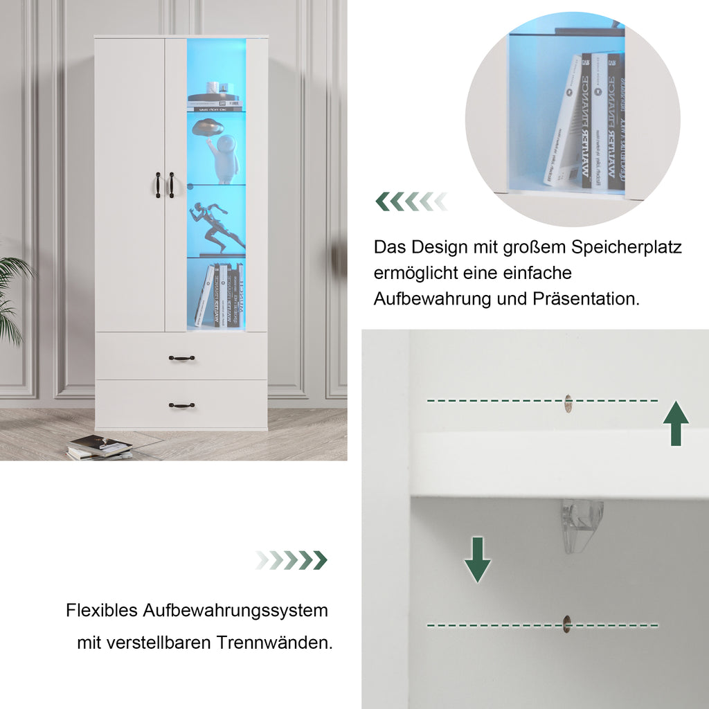 LED Lighted Display Cabinet, 2 Doors, Standing Display Case With Transparent Door, Freestanding Display Case White LED Display Cabinet Living Room Wall LED Display Case LED Cabinet Buffet Cabinet