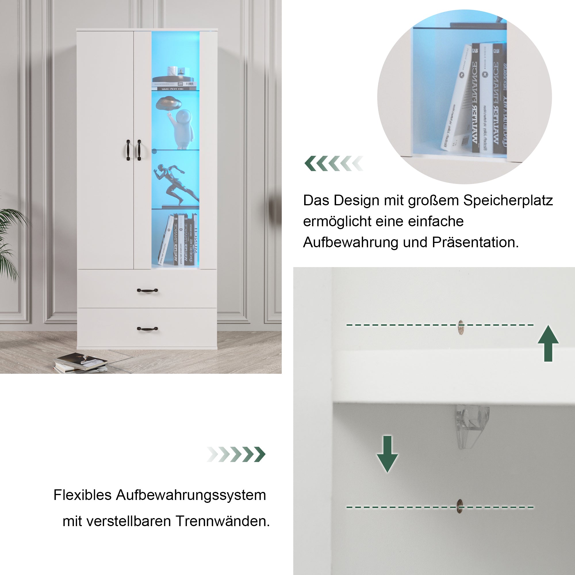 LED Lighted Display Cabinet, 2 Doors, Standing Display Case With Transparent Door, Freestanding Display Case White LED Display Cabinet Living Room Wall LED Display Case LED Cabinet Buffet Cabinet