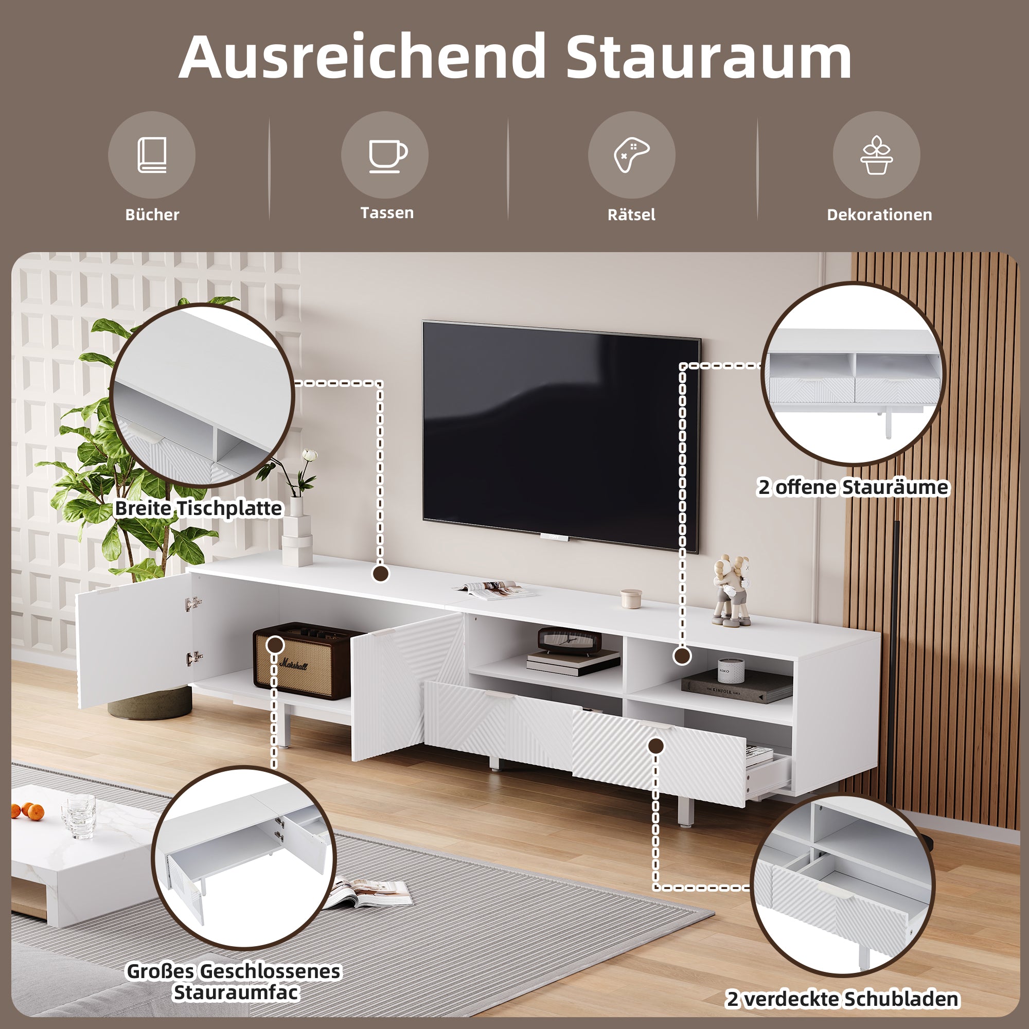 Modern Bohemian TV Cabinet, Abstract White Geometric Lines TV Cabinet, Modern Minimalist Cabinet Door Decoration With Storage Space, 200X40X51cm, Can Accommodate Up To 90 Inch TV