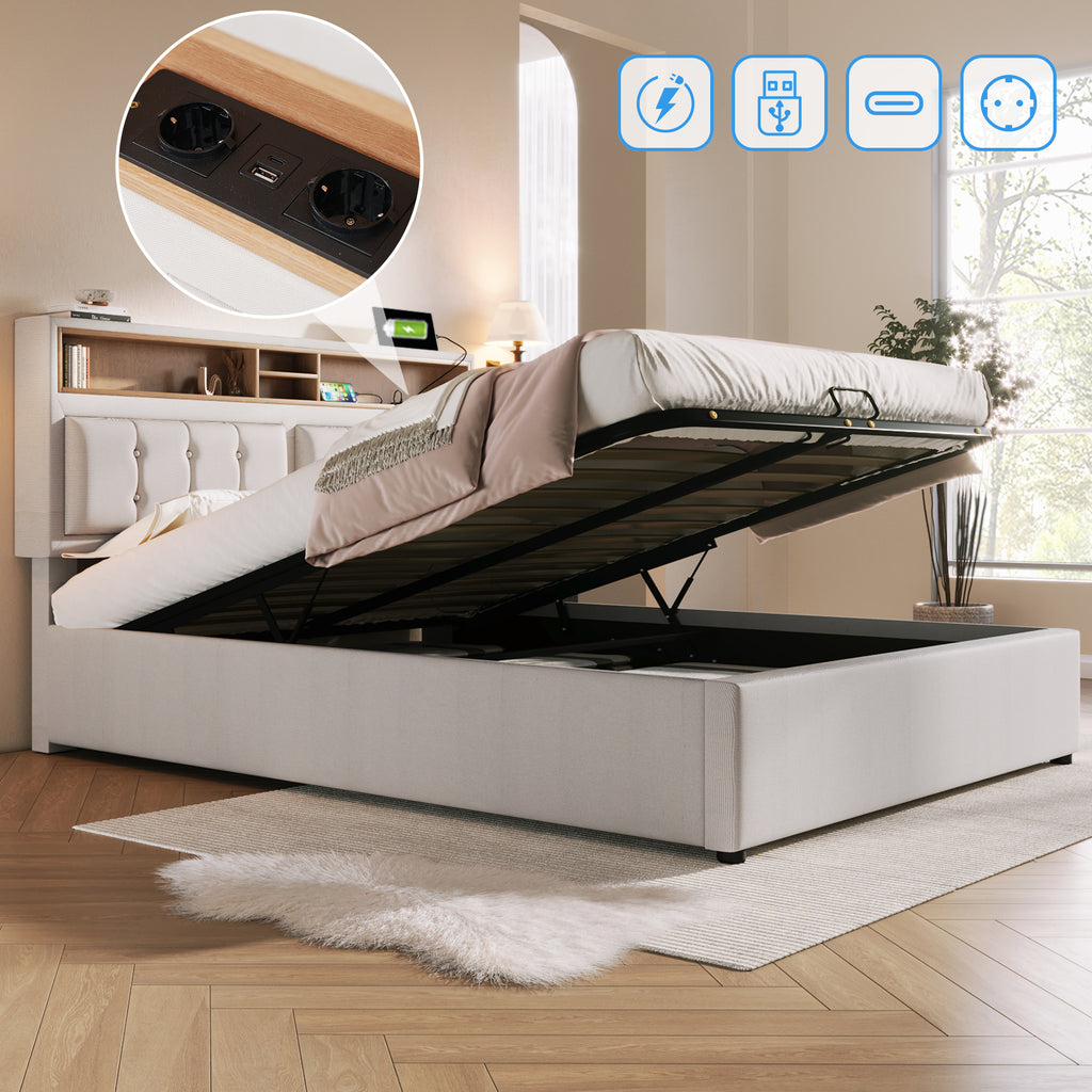 Upholstered Bed Double Bed With USB C Socket Charging Function Headboard, Storage Beds Bed Frame Made Of Linen Material Youth Bed 160x200 With Slatted Base Without Mattress