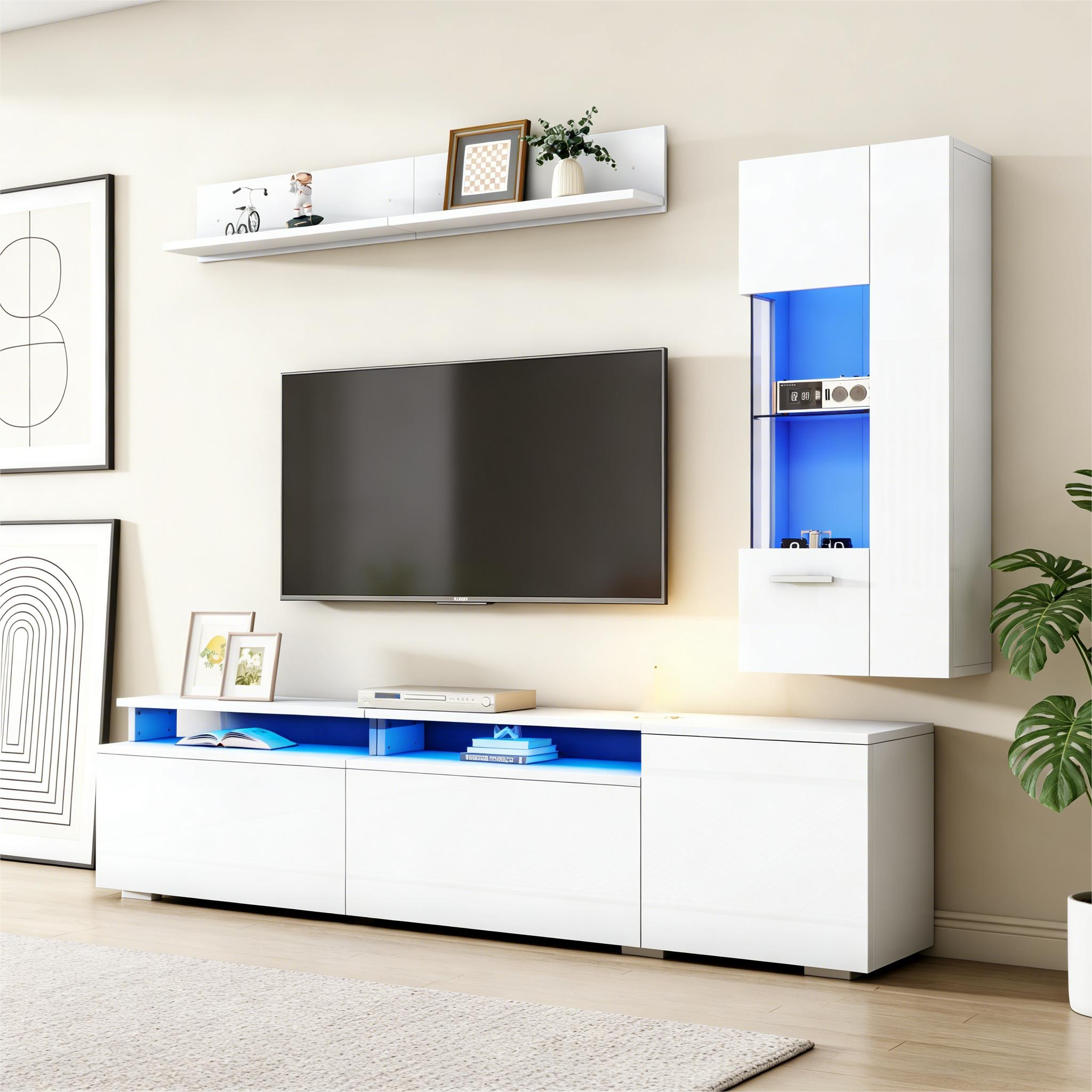 TV Wall Unit Set 3-Piece LED Lighting High Gloss Living Room Furniture Set Frontal Wall Unit 1 X TV Cabinet, 1 X Living Room Display Cabinet, 1 X Hanging Shelf, TV Up To 80' White