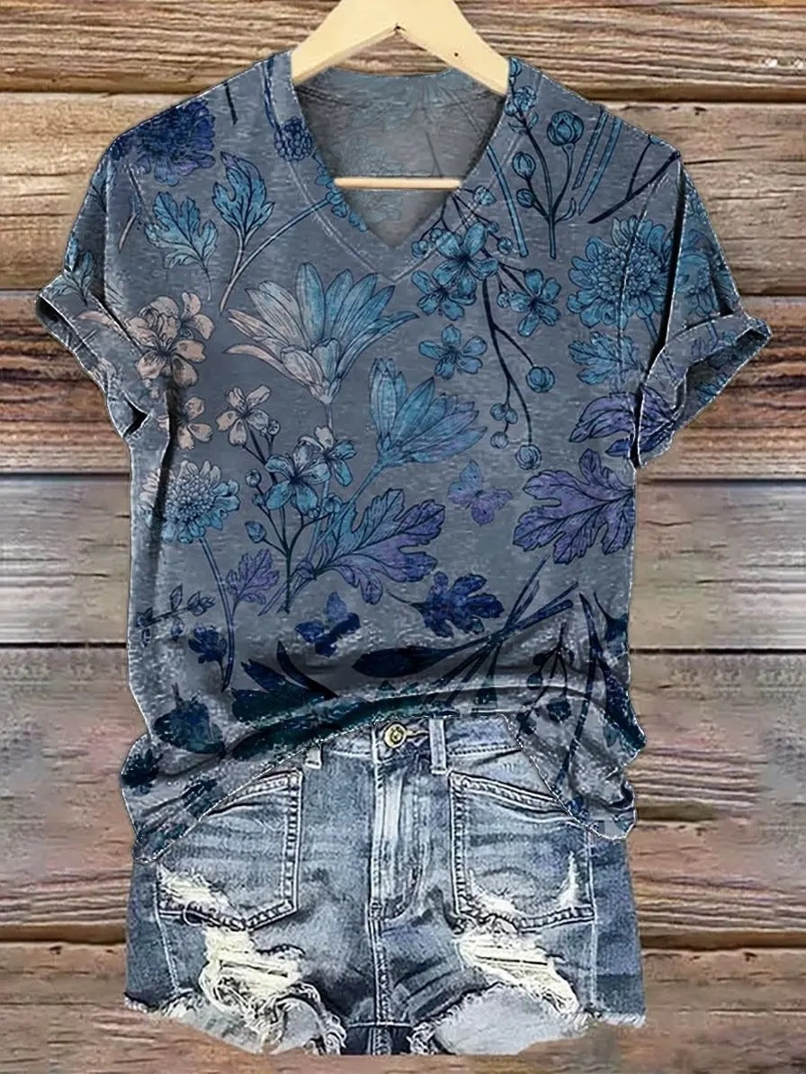 Womens Fashionable Loose-fit Casual V-neck Short-sleeve Top