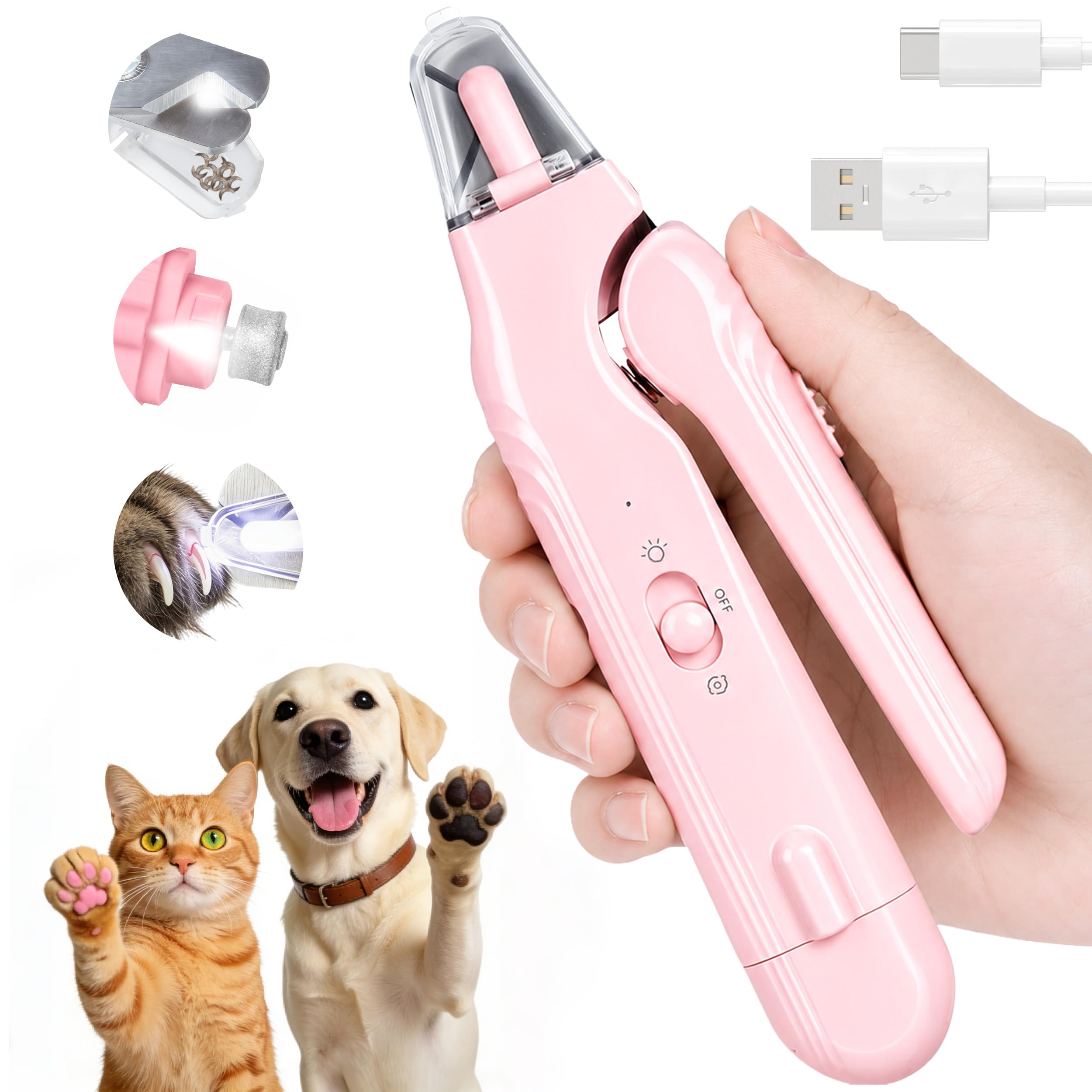 2-in-1 Dog Nail Clippers With Light - Electric Pet Nail Grinder Quiet For Small Large Dogs & Cats, LED Prevent Over Cutting, USB-C Rechargeable Safety Guard Grooming Kit For Black Nails