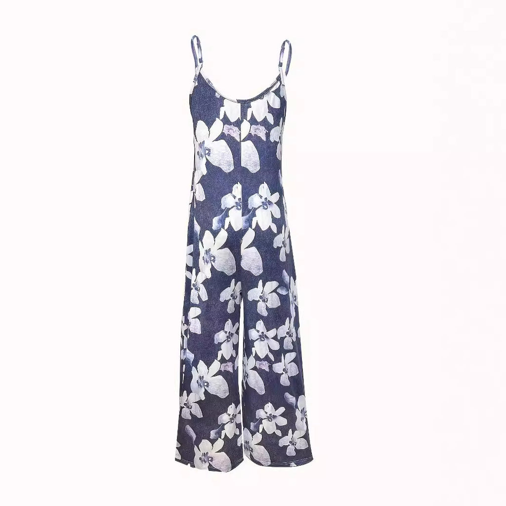 Womens Printed Strap Loose Wide-leg Jumpsuit