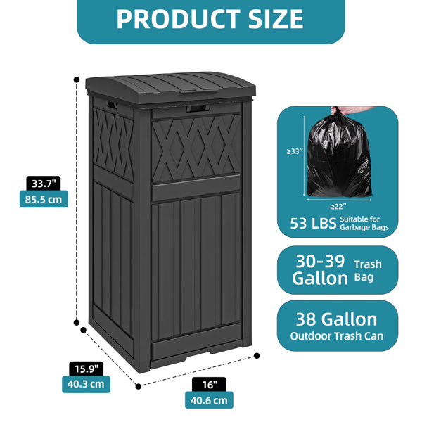 38 Gallon Outdoor Trash Can, Waterproof Resin Garbage Bin With Lid & Drip Tray For Porch Backyard Patio, Black  Shipment From Walmart