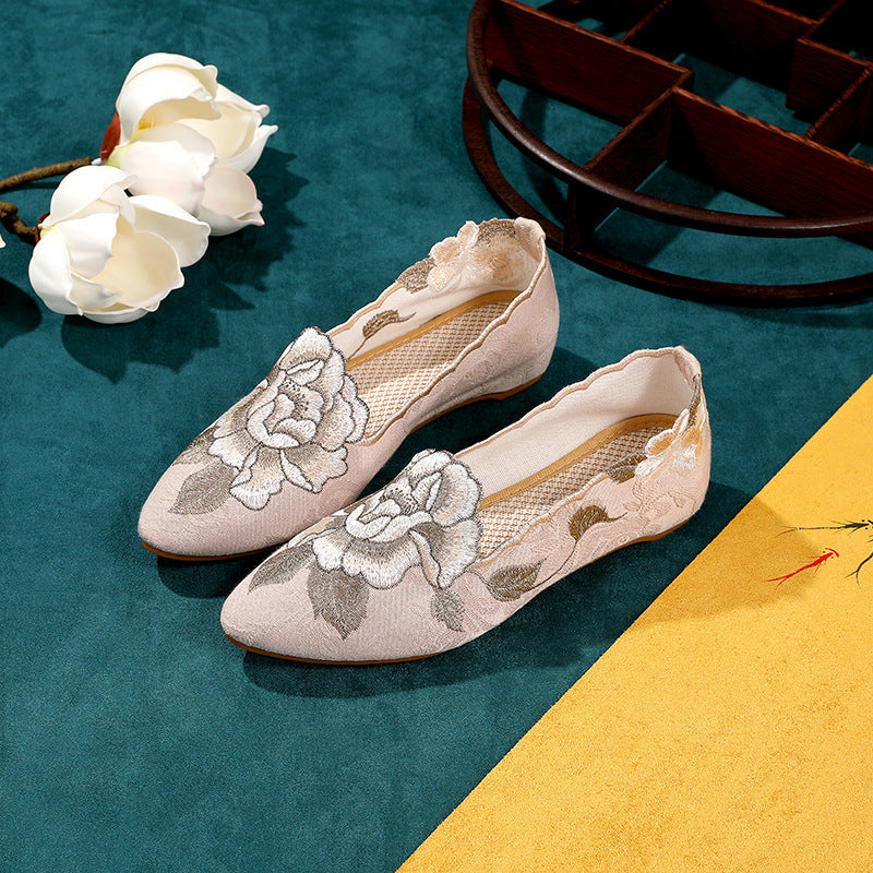 Vintage Pointed Toe Flats For Women - Soft Sole Breathable Non-Slip Embroidered Cloth Shoes, Retro Qipao Style Shoes Perfect For Daily Commuting