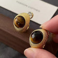 2026 New Hot-selling Tiger Eye Stone Stud Earrings, Maillard Style Light Luxury High-End European American Vintage Fashion Dangle Jewelry For Women