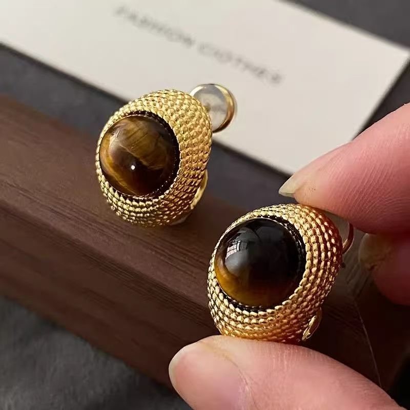 2026 New Hot-selling Tiger Eye Stone Stud Earrings, Maillard Style Light Luxury High-End European American Vintage Fashion Dangle Jewelry For Women