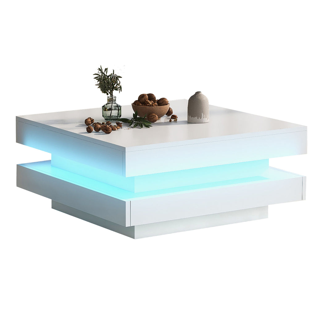 Square White Coffee Table  Modern Tech Style, With Bluetooth LED Strip, 70 X 70 X 36 Cm, Max. Load 45 Kg