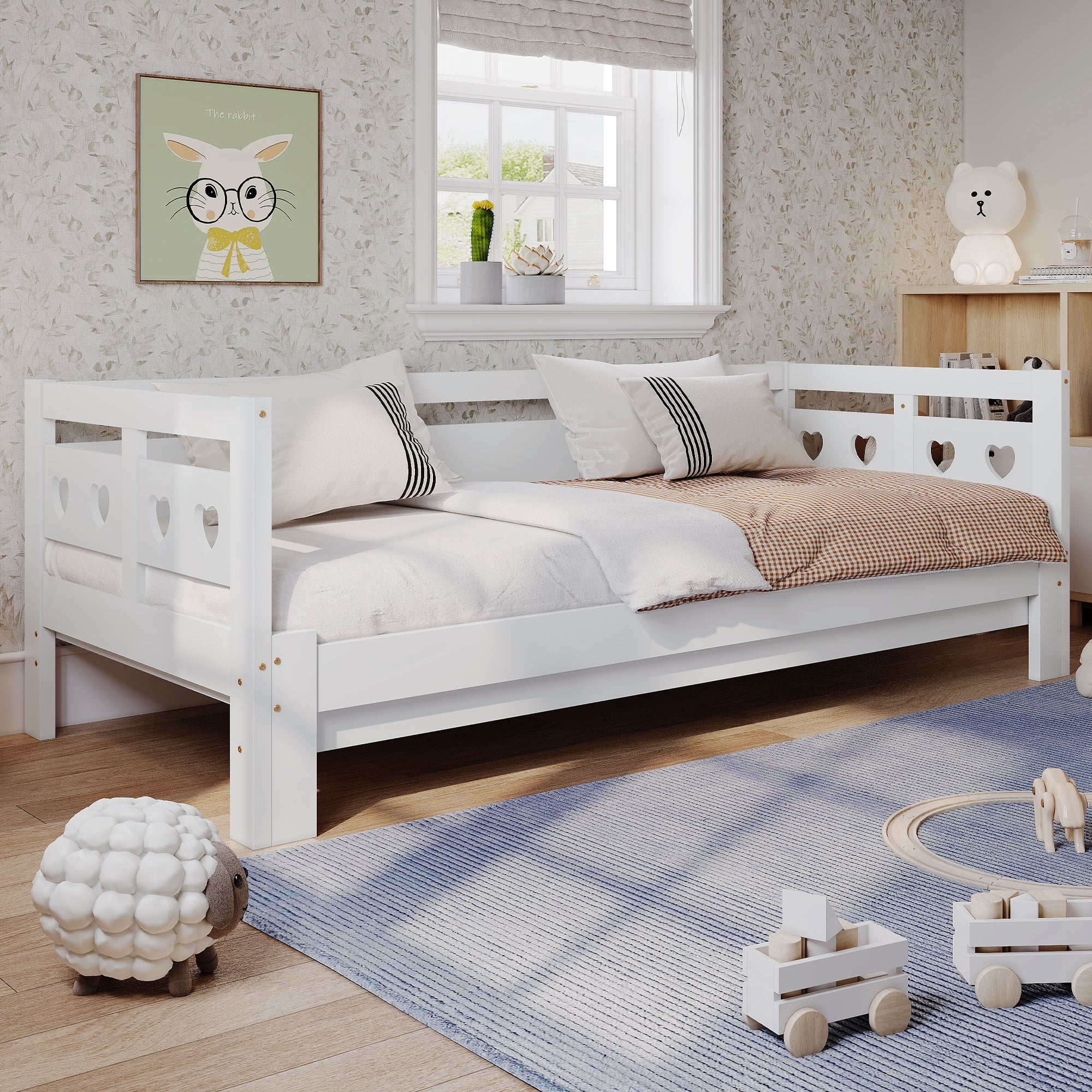 Daybed Daybed, Pull-out Bed, 90x190cm, Solid Pine, With 2nd Bed And Roll-up Grate Heart Shape Bed White