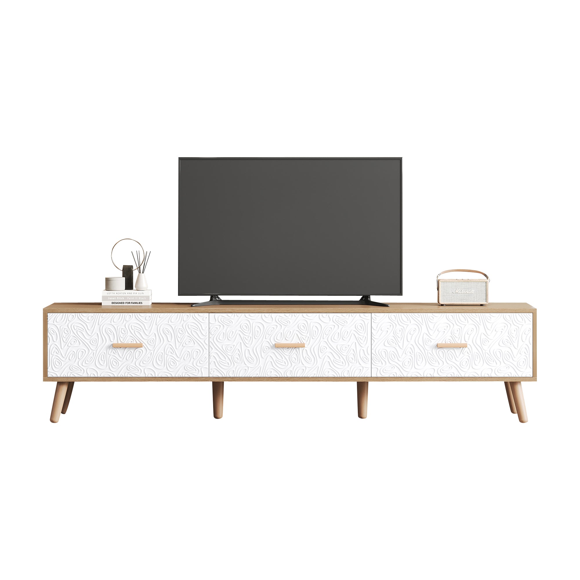 TV Low Panel Vintage, TV Cabinet Wooden TV Table - Living Room Bedroom, Light Wood, Vintage Grain White Door Panel, 150x35x39cm