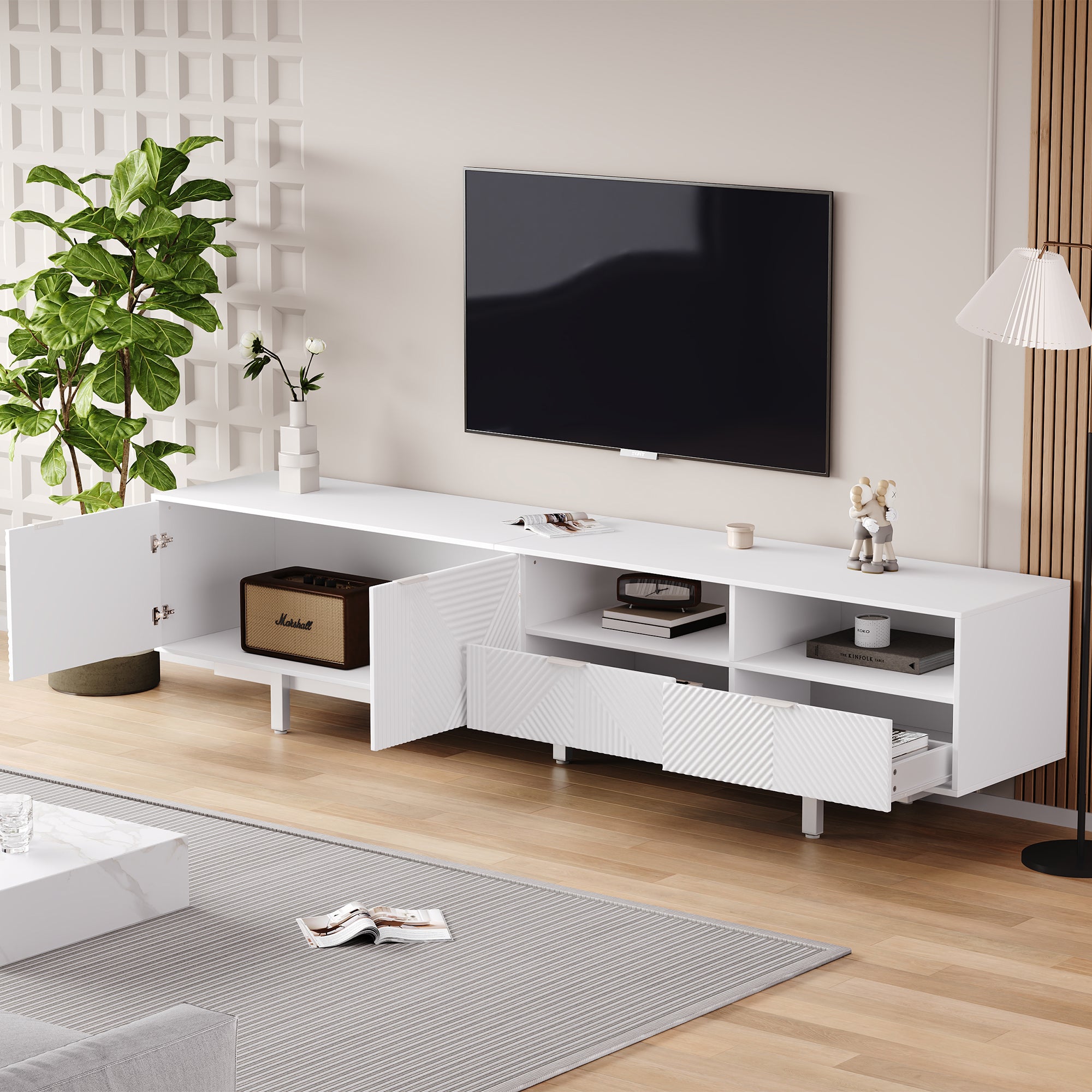Modern Bohemian TV Cabinet, Abstract White Geometric Lines TV Cabinet, Modern Minimalist Cabinet Door Decoration With Storage Space, 200X40X51cm, Can Accommodate Up To 90 Inch TV