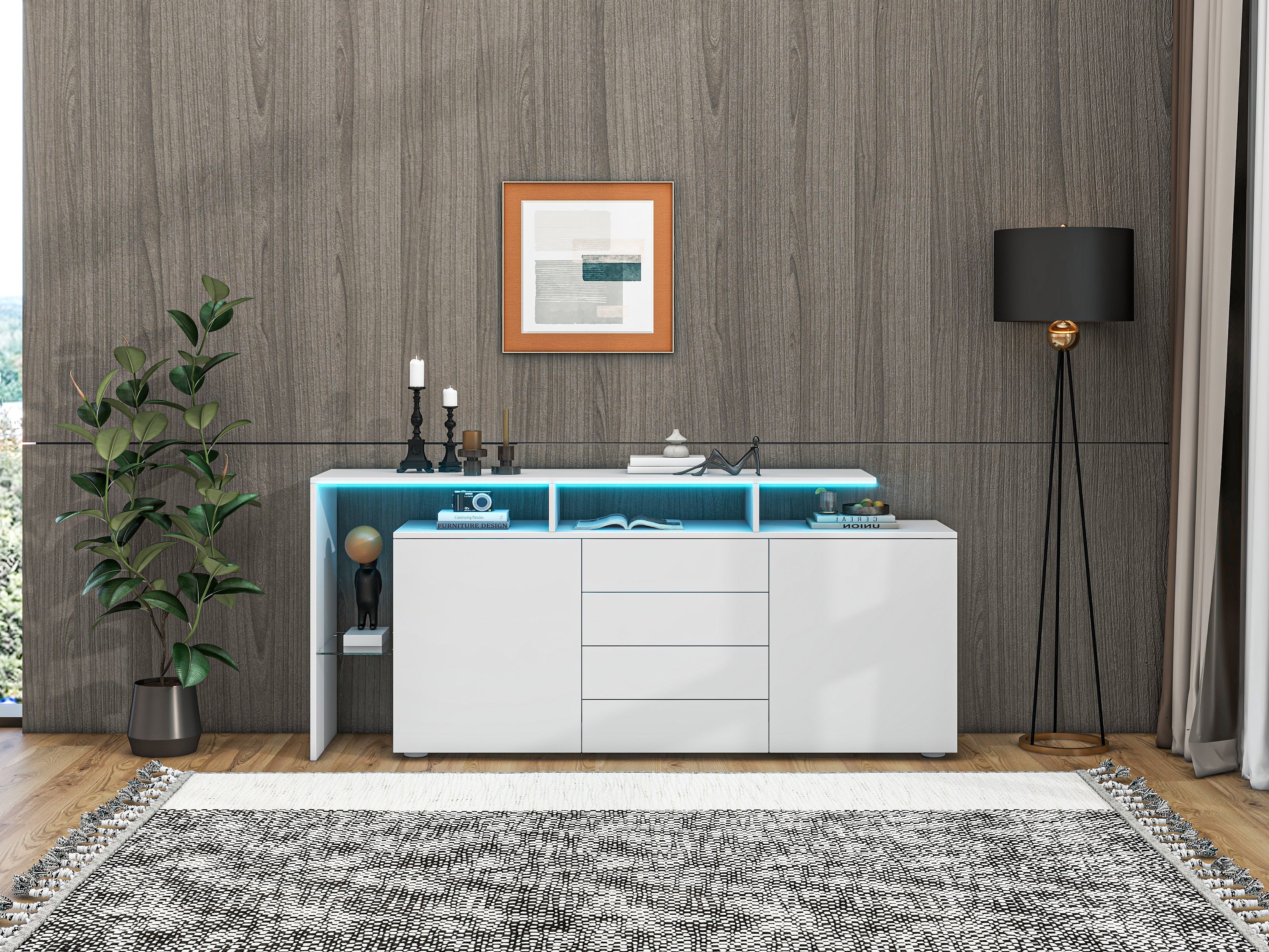 Chest Of Drawers, Sideboard With LED, Living Room Furniture In White High Gloss, Living Room Cabinet, Floor Standing Cabinet, TV Cabinet, Living Room Wall, Highboard, Multi-purpose Cabinet
