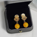 New Chinese Style Yellow Vintage Clip-On Earrings With Coil Spring Back, Green Rhinestone Lace Trim Pierced Studs For Non-Pierced Ears Women's Ear Jewelry