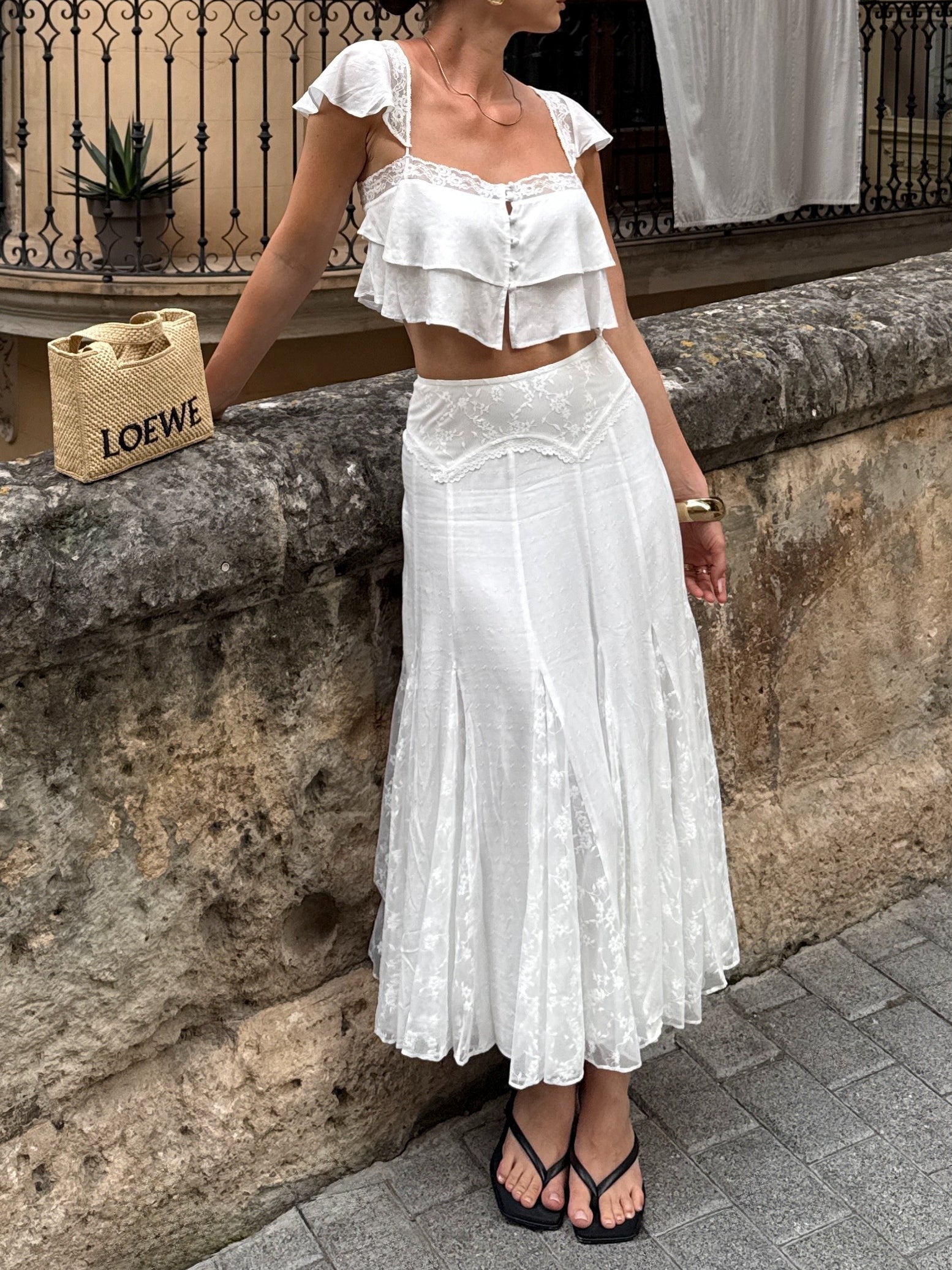Lace Ruffle Crop Cami & High Waist Flared Midi Skirt 2-Piece Set