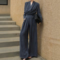 Womens Fashionable Slim-Fit V-Neck Top And Waist-Cinching Wide-Leg Pants Set