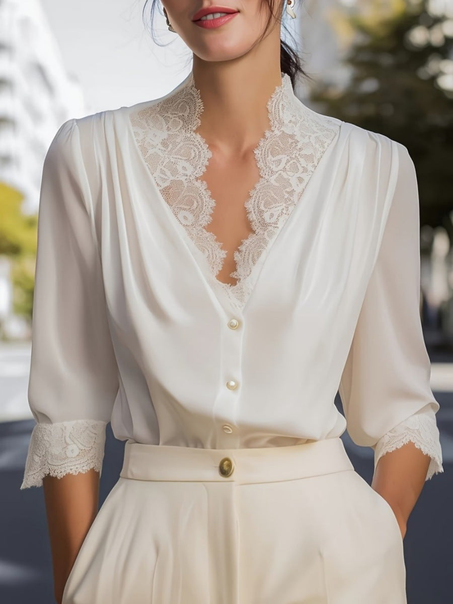 Lace-Panel Three-Quarter-Sleeve Gentle And Elegant Blouse For Women