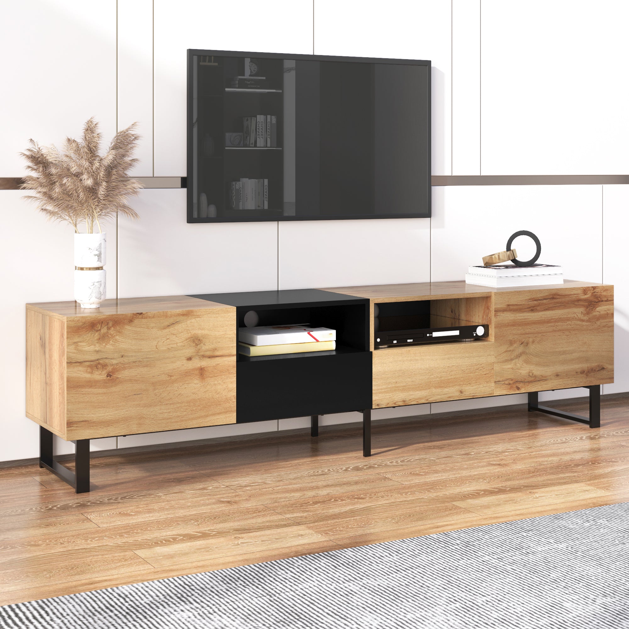 Moderner TV-Stander Mit Schwarzem Und Holzfarbenem Design  Geraumiger Stauraum, Robuste Konstruktion