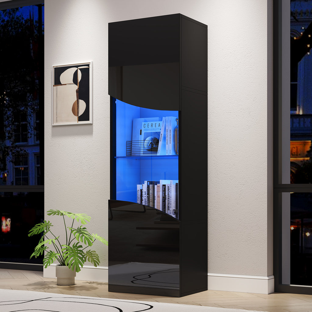 35X50X165cm Living Room Display Cabinet,High Gloss Display Cabinet  Cabinet Doors , Tall Cabinet With Large Storage And LED Lighting.Concave Arc Wave Surface Design,Black