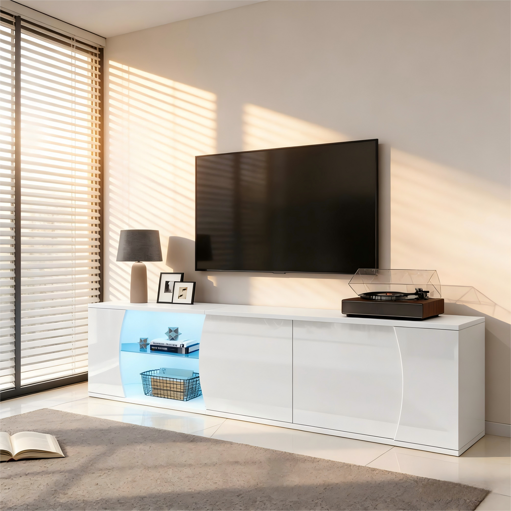 TV Cabinet, Lowboard With 3 Cabinet Doors, Tempered Glass Cabinet, High-quality Entertainment TV Cabinet With LEDs, Freestanding TV Stand, Suitable For 80-inch TVs
