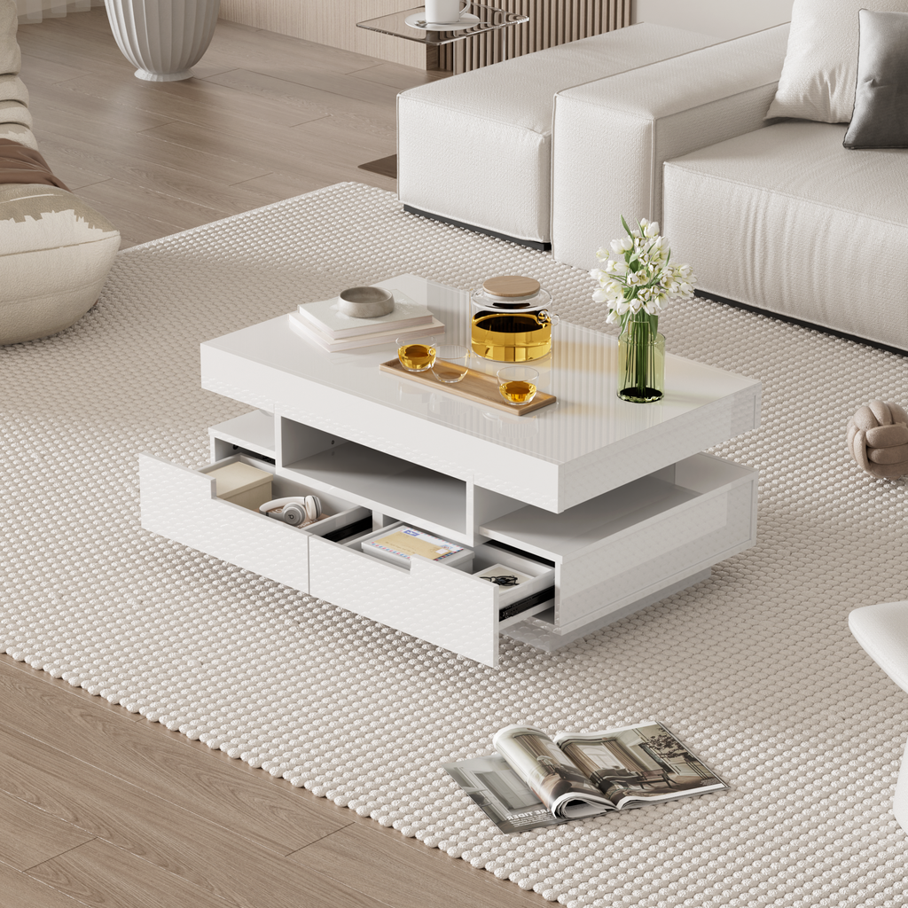 Coffee Table, High-gloss Surface, With LED Light Strip, Four Drawers At The Front And Back, Large Storage Space