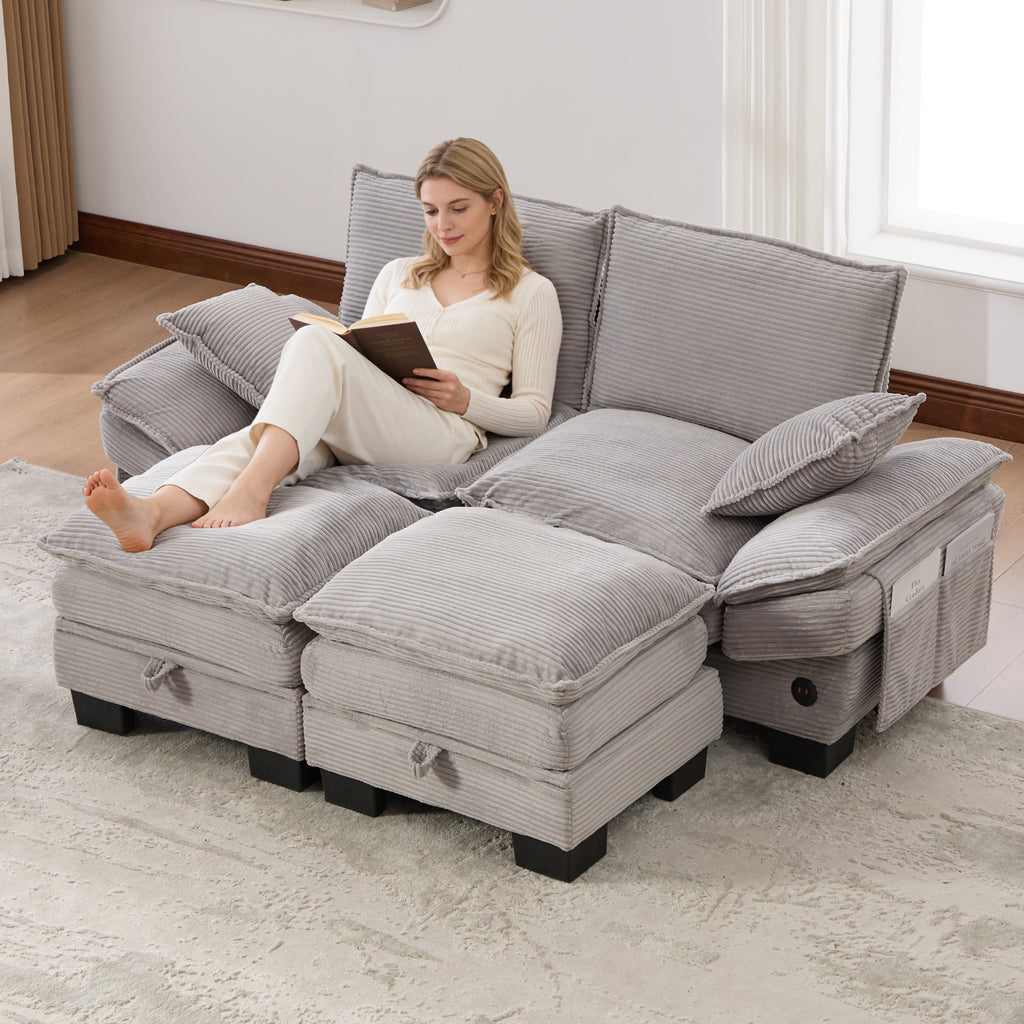 Modular 2-seater Corduroy Sofa  With 2 Stools Wide Seat, Ergonomic Design, High-density Foam Padding, USB-C Port And Side Pockets.Ideal For Living Room, Office Or Lounge.Light Grey