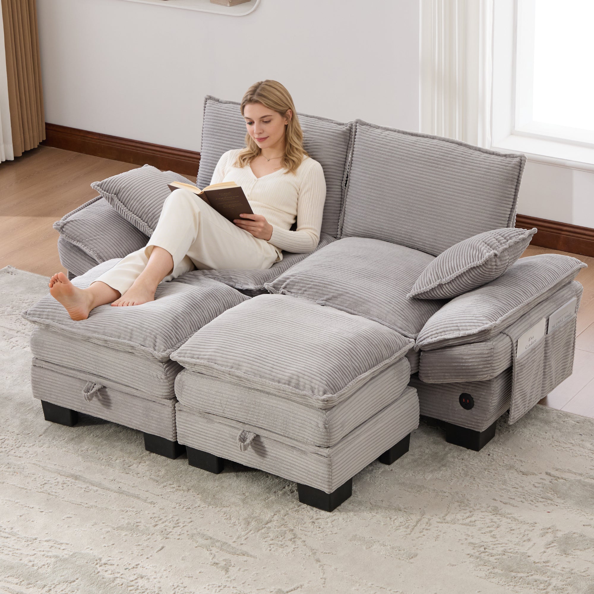 Modular 2-seater Corduroy Sofa  With 2 Stools Wide Seat, Ergonomic Design, High-density Foam Padding, USB-C Port And Side Pockets.Ideal For Living Room, Office Or Lounge.Light Grey