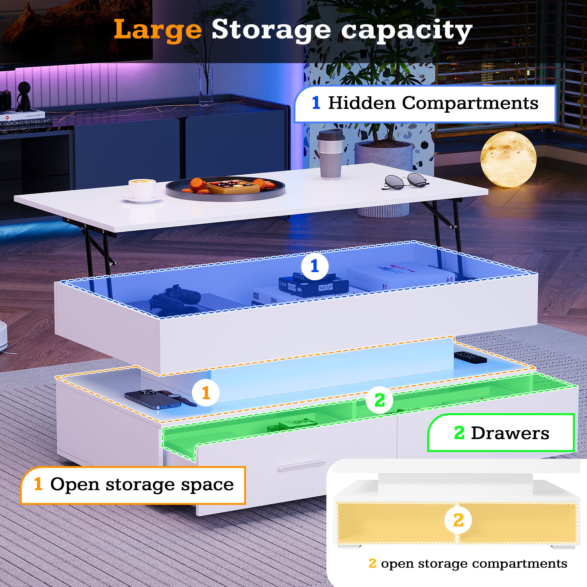 100x50x44cm Hydraulic Height Adjustable Coffee Table, With LED Lighting, Bluetooth APP Control, 2 Drawers And Open Storage,White Liftable Coffee Table
