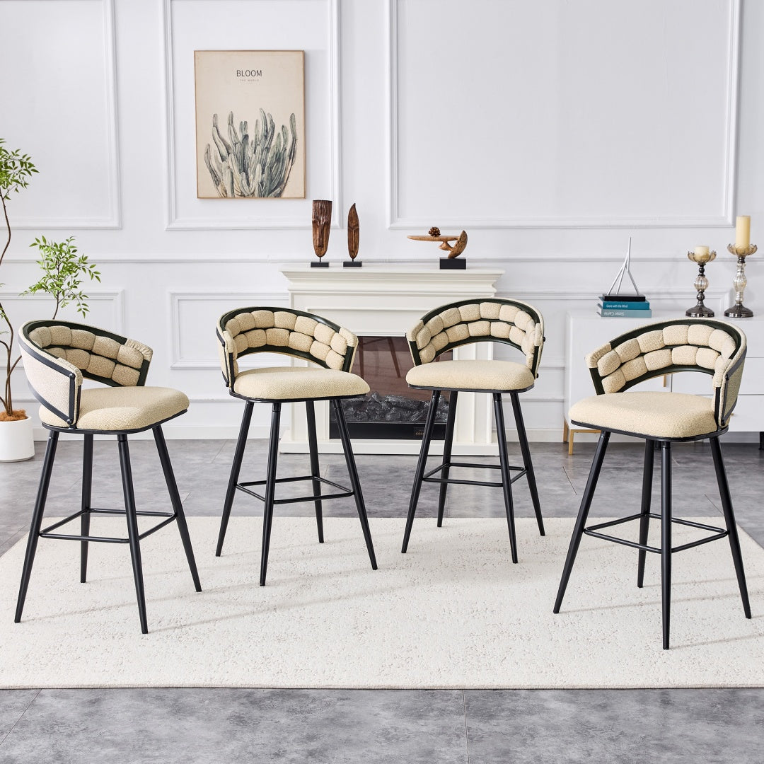 Set Of 2 Beige Chenille Bar Stools With Black Iron Legs, Modern Kitchen Island Counter Height Stools
