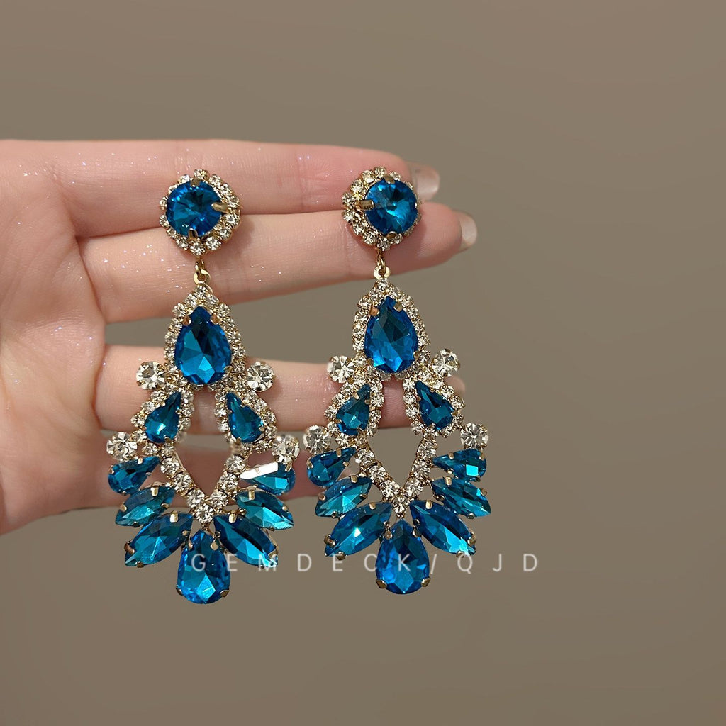 Cold Moon Noble Lady Style Sparkling Full Blue Teardrop Earrings, Exquisite French Retro Dinner Party Skin-Flattering Elegant Stud Jewelry For Women