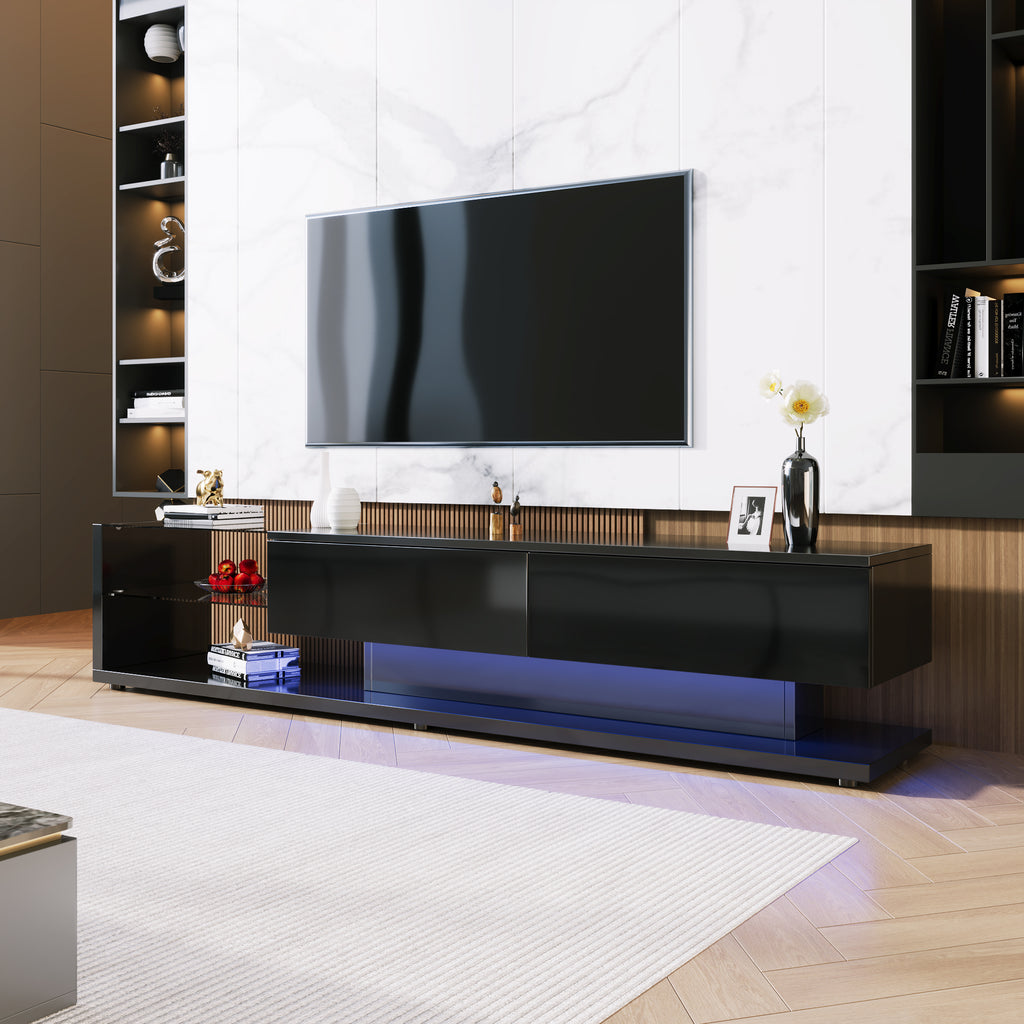 TV Cabinets, Lowboards, High-gloss Living Room Furniture. Glass Partitions And Variable LED Lighting. It Combines Natural, Rustic Style With Modern Design