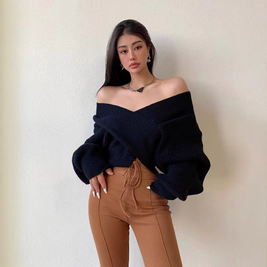 V-neck Solid-color Off-shoulder Knit Pullover For Women