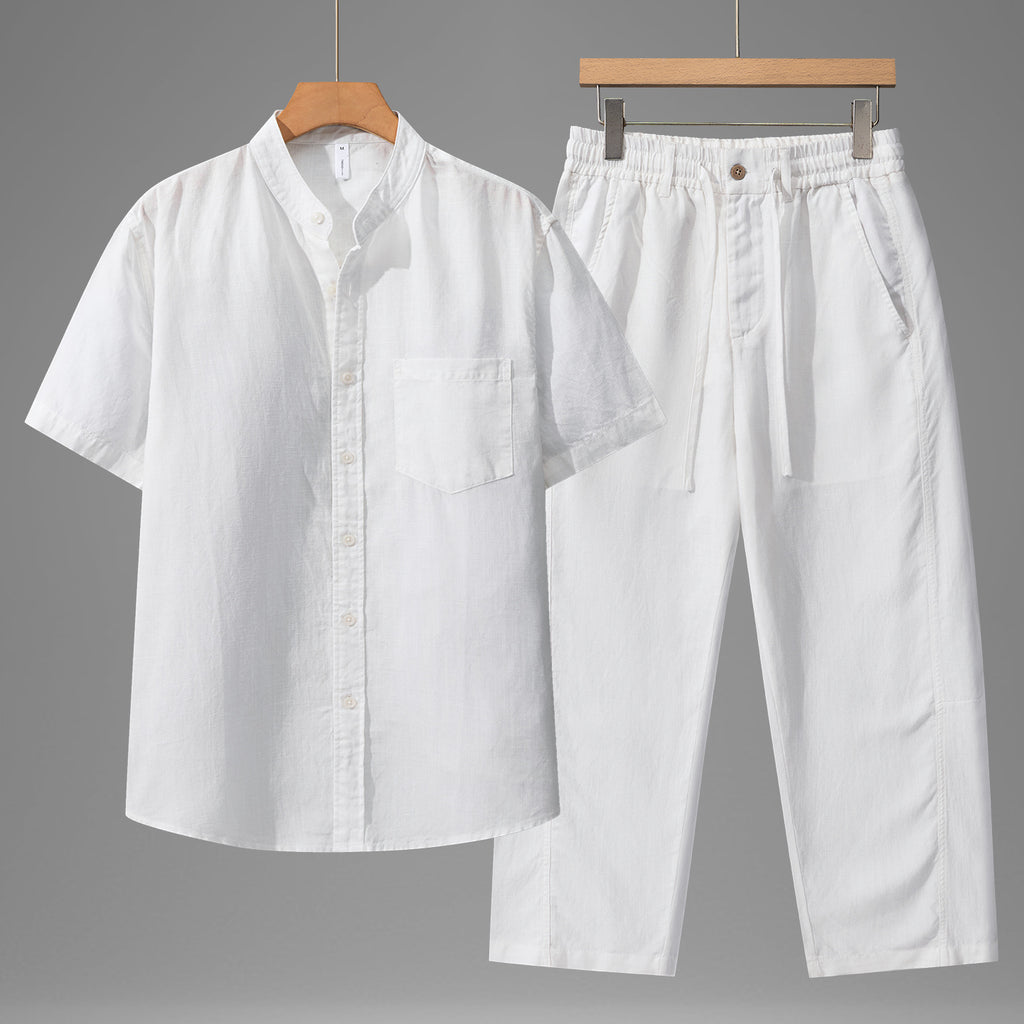 Tencel Linen Shirt Mens Short-sleeve Shirt And Linen Trousers Set