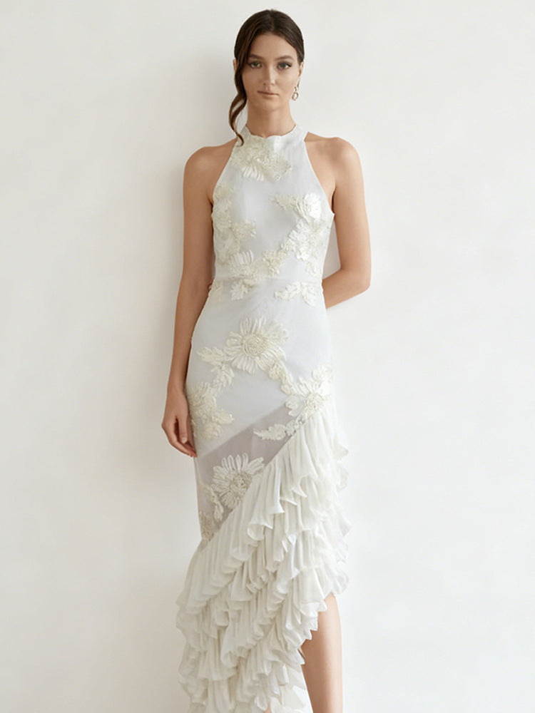 Sleeveless Off-shoulder Dress With Three-dimensional Embroidery And Ruffled Hem