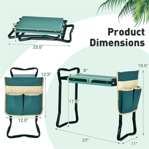 Green 2-in-1 Garden Folding Stool Kneeler, 300LBS Capacity & Built-in Tool Pouch