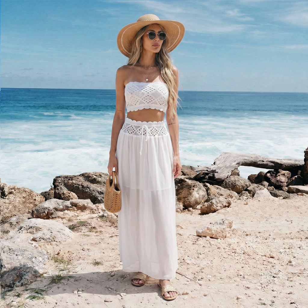New 2-Piece Outfit, Reversible Long Chiffon Beach Dress With Liner, Tie Waist Crochet Hollow Out Cover Up Set