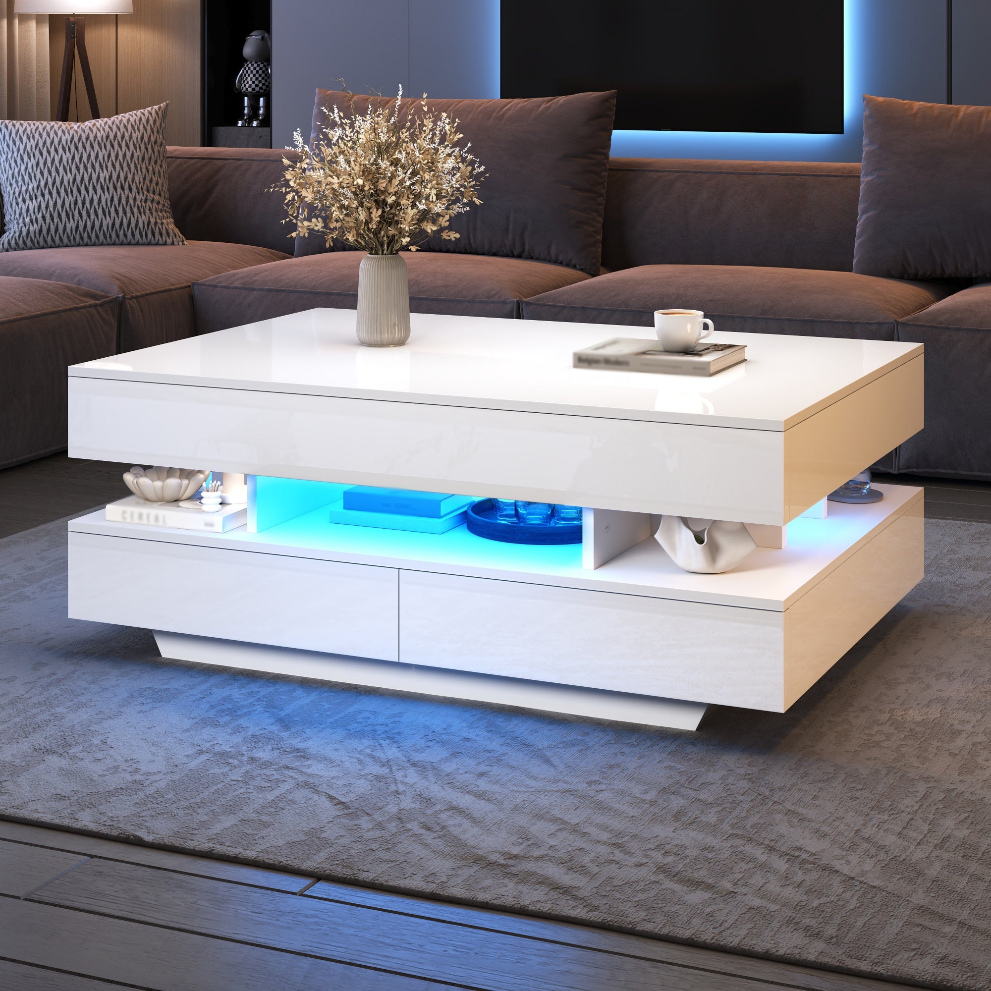 100x50x45cm Height Adjustable Coffee Table With LED & Storage Space, High Gloss Living Room Table, Coffee Table, Side Table, Lift-Top Coffee Table Up To 58.5cm, 50kg Load Capacity