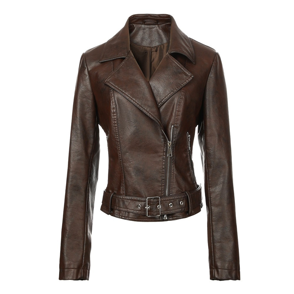 Womens Short Lapel-collar Leather Jacket In A Biker Style