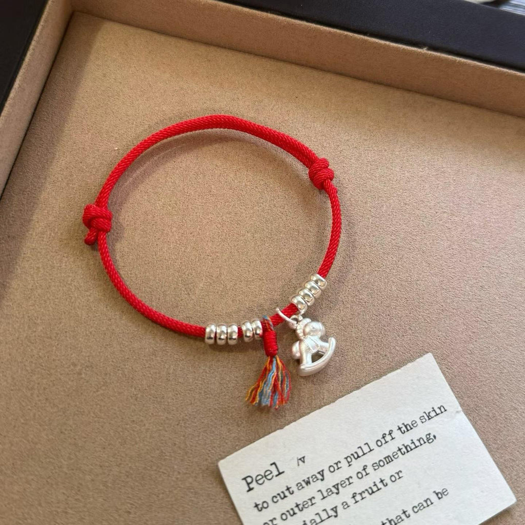 1pcs 999 Sterling Silver Bead Trojan Horse Tassel Red String Braided Bracelet, Festive Chinese Style, For Daily New Year Wear & Lucky Birthday Holiday Gifts