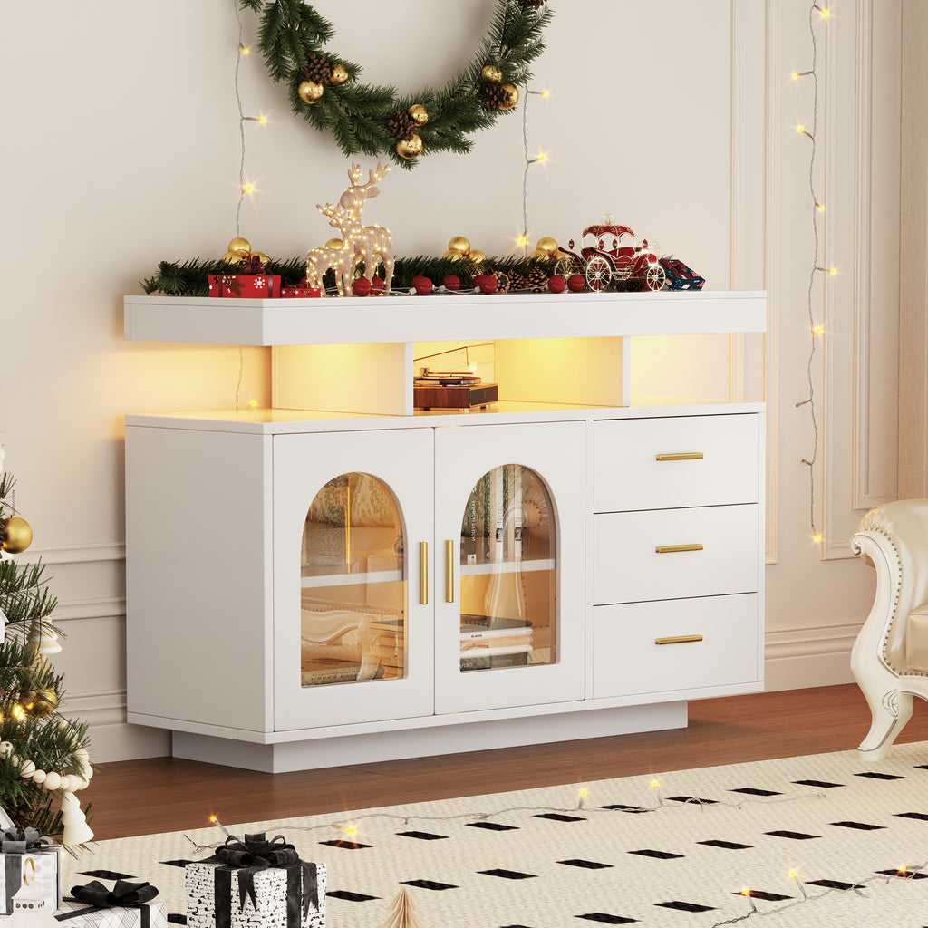 323704705WAA LED Sideboard Buffet Cabinet, 120cm Coffee Bar Cabinet, Drawer Cabinet, Sideboard Living Room, High Gloss Kitchen Cabinet With 16 Color Lights For Dining Room  White