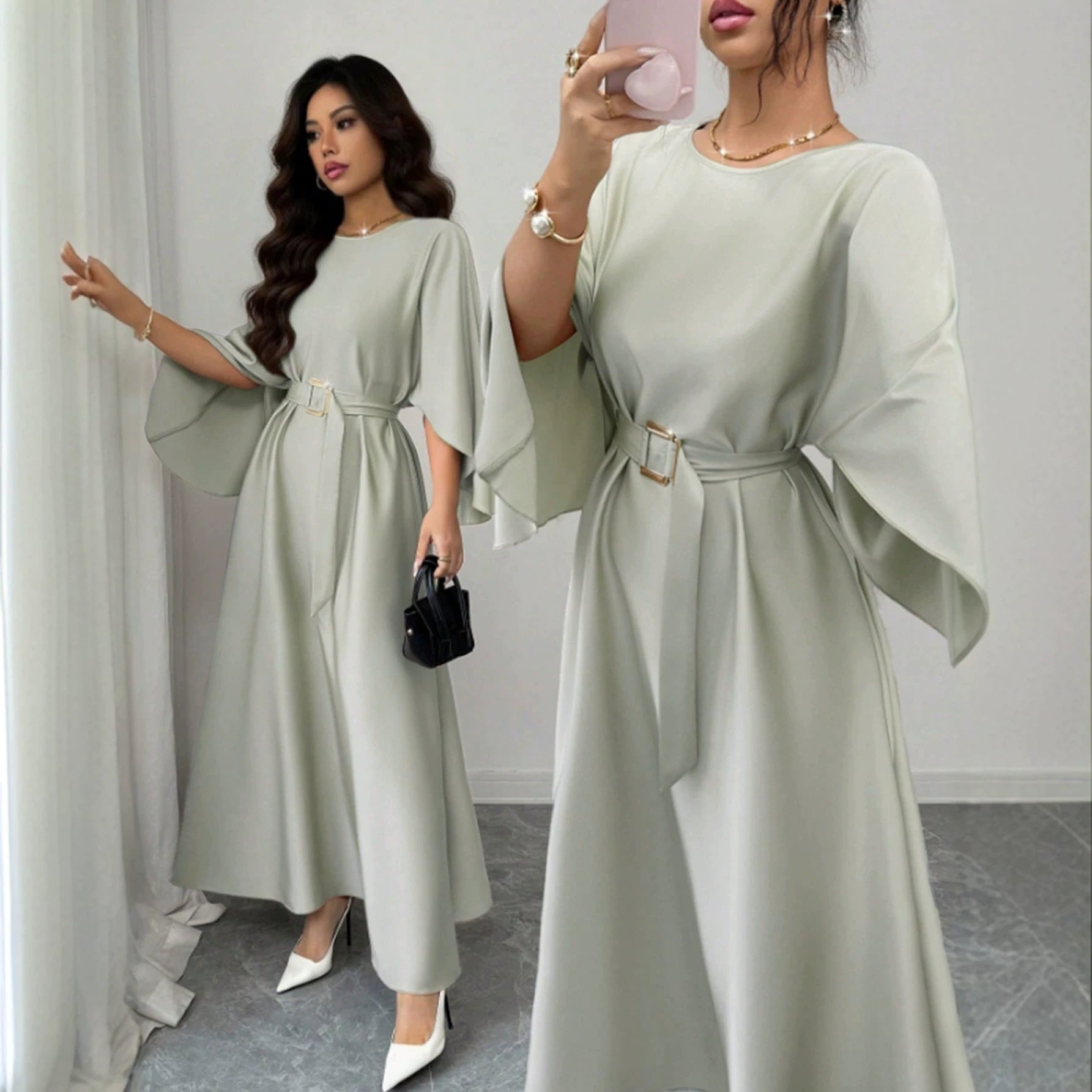 Womens Fashion Round-Neck Defined-Waistline Lace-Up Dress